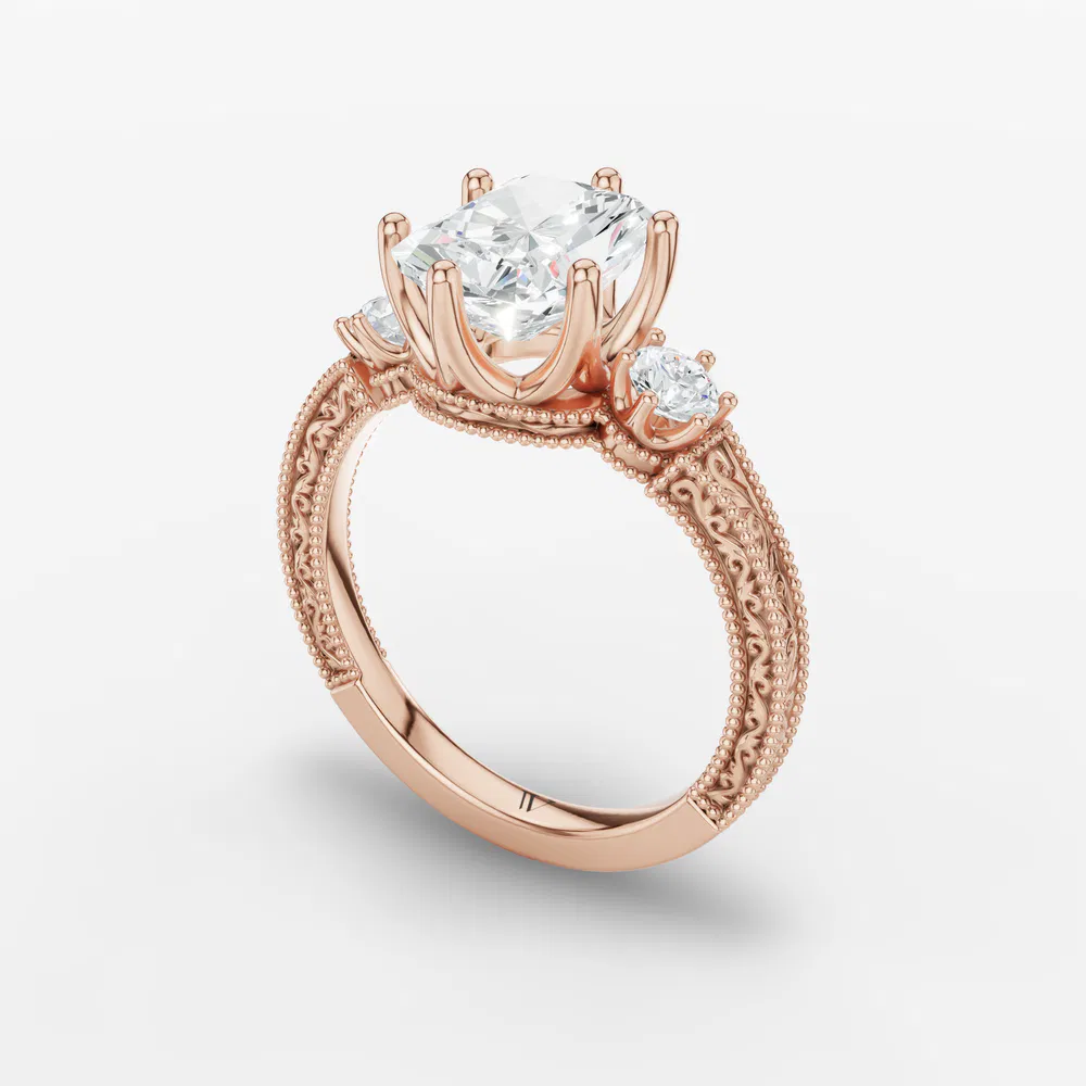 Certified 3 carat Lab Grown Diamond Radiant Cut Three Stone, Unique, Milgrain Engagement Ring in 14K Rose Gold-Zara