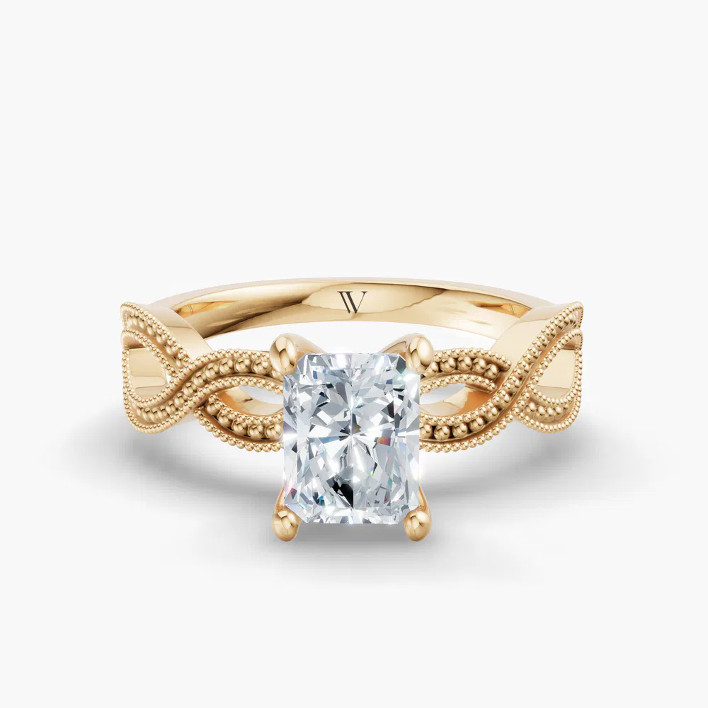 Certified 3 carat Lab Grown Diamond Radiant Cut Solitaire, Vintage, Unique Engagement Ring in 14K Yellow Gold-Niva