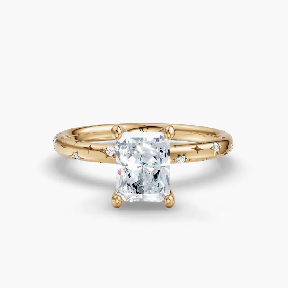 Certified 3 carat Lab Grown Diamond Radiant Cut Hidden Halo, Unique, Side Stone Engagement Ring in 14K Yellow Gold-Celestyn