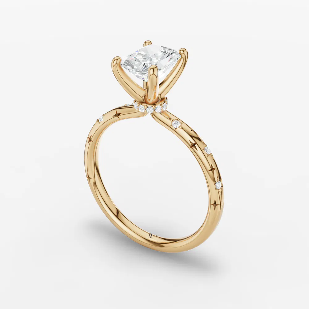Certified 3 carat Lab Grown Diamond Radiant Cut Hidden Halo, Unique, Side Stone Engagement Ring in 14K Yellow Gold-Celestyn