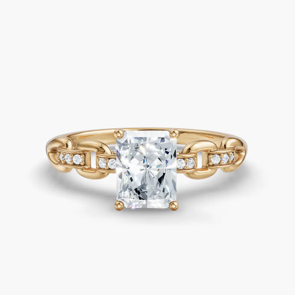 Certified 3 carat Lab Grown Diamond Radiant Cut Twist, Unique, Side Stone Engagement Ring in 14K Yellow Gold-Perenne