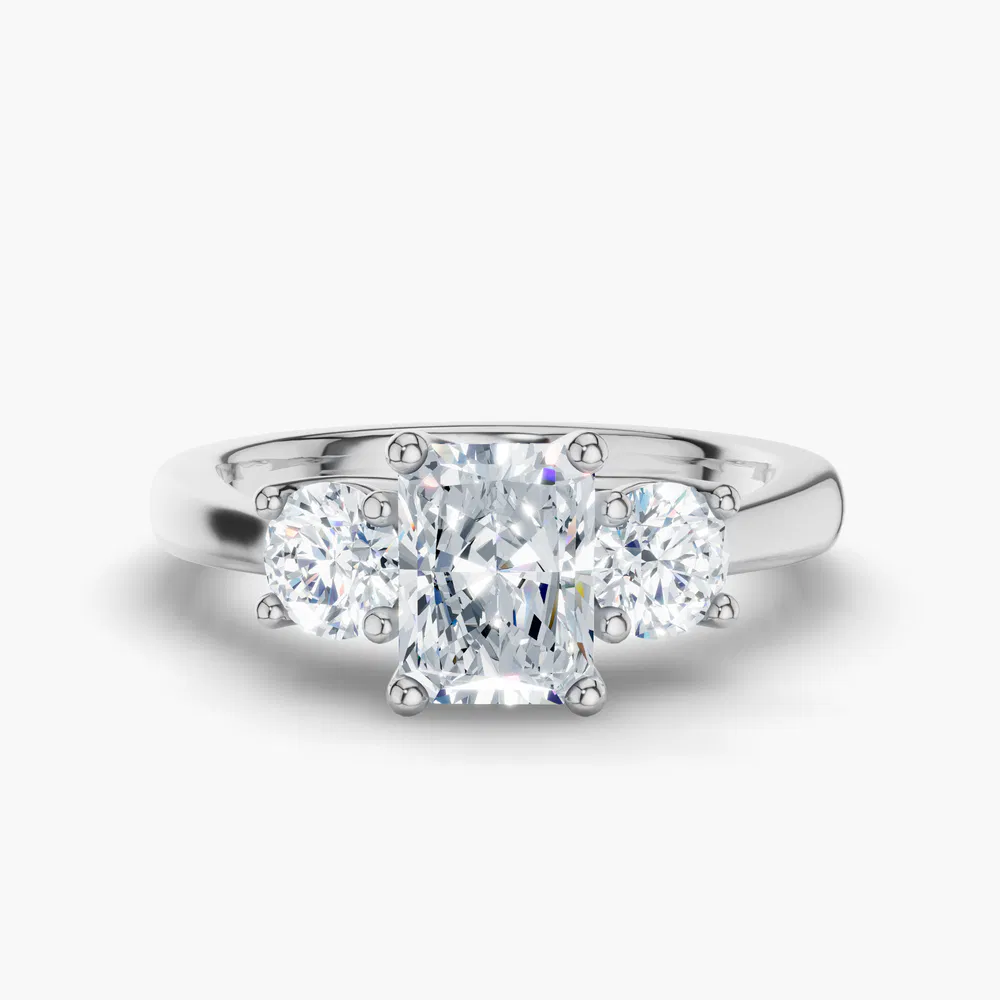 Valeri 1 carat Lab Grown Diamond Radiant Cut Side Stone, Three Stone, Low profile Engagement Ring in 14K White Gold