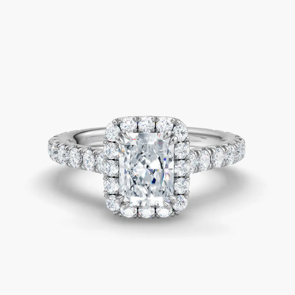 Zaria 1 carat Lab Grown Diamond Radiant Cut Halo, Cathedral, Pavé Engagement Ring in 14K White Gold