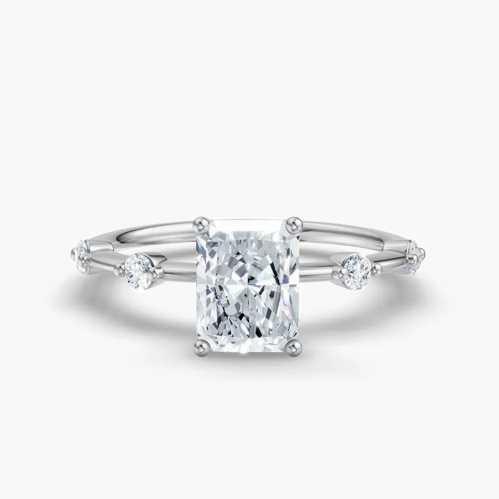Hriw 1 carat Lab Grown Diamond Radiant Cut Side Stone, Low profile Engagement Ring in 14K White Gold