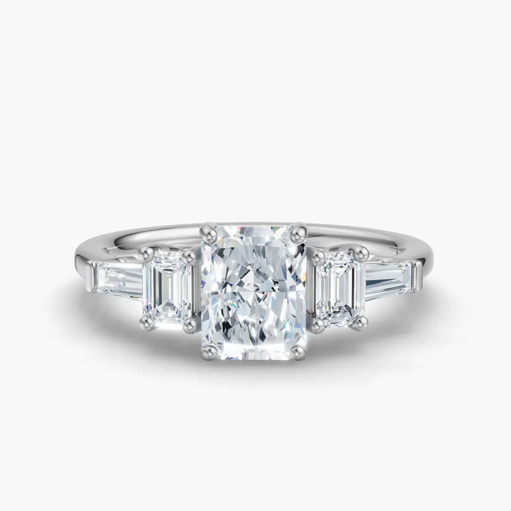 Olume 1 carat Lab Grown Diamond Radiant Cut Baguette, Five Stone, Low profile Engagement Ring in 14K White Gold
