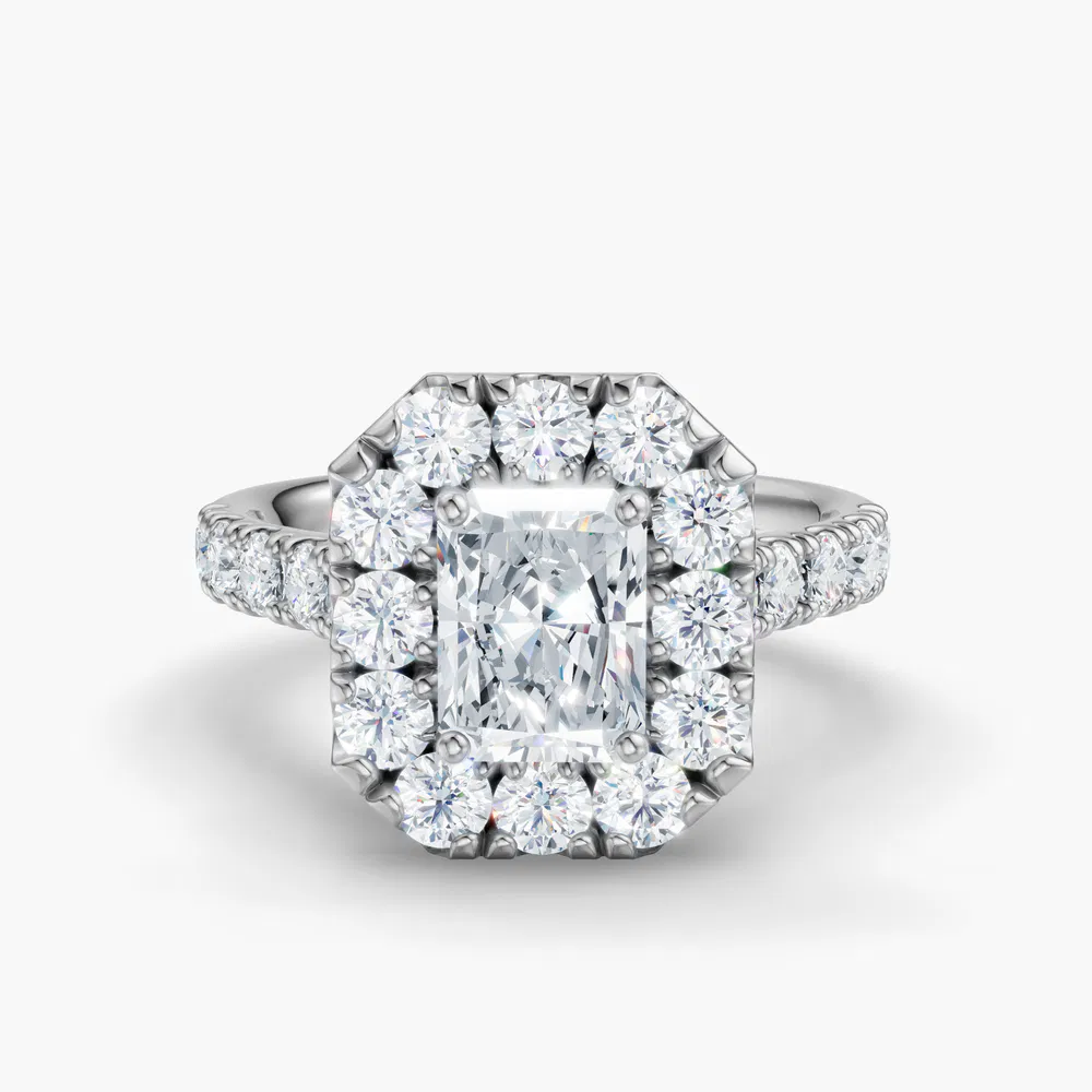 Astrid 1 carat Lab Grown Diamond Radiant Cut Halo, Pavé, Cathedral Engagement Ring in 14K White Gold