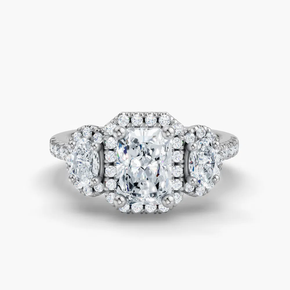 Norell 1 carat Lab Grown Diamond Radiant Cut Side Stone, Three Stone, Halo Engagement Ring in 14K White Gold
