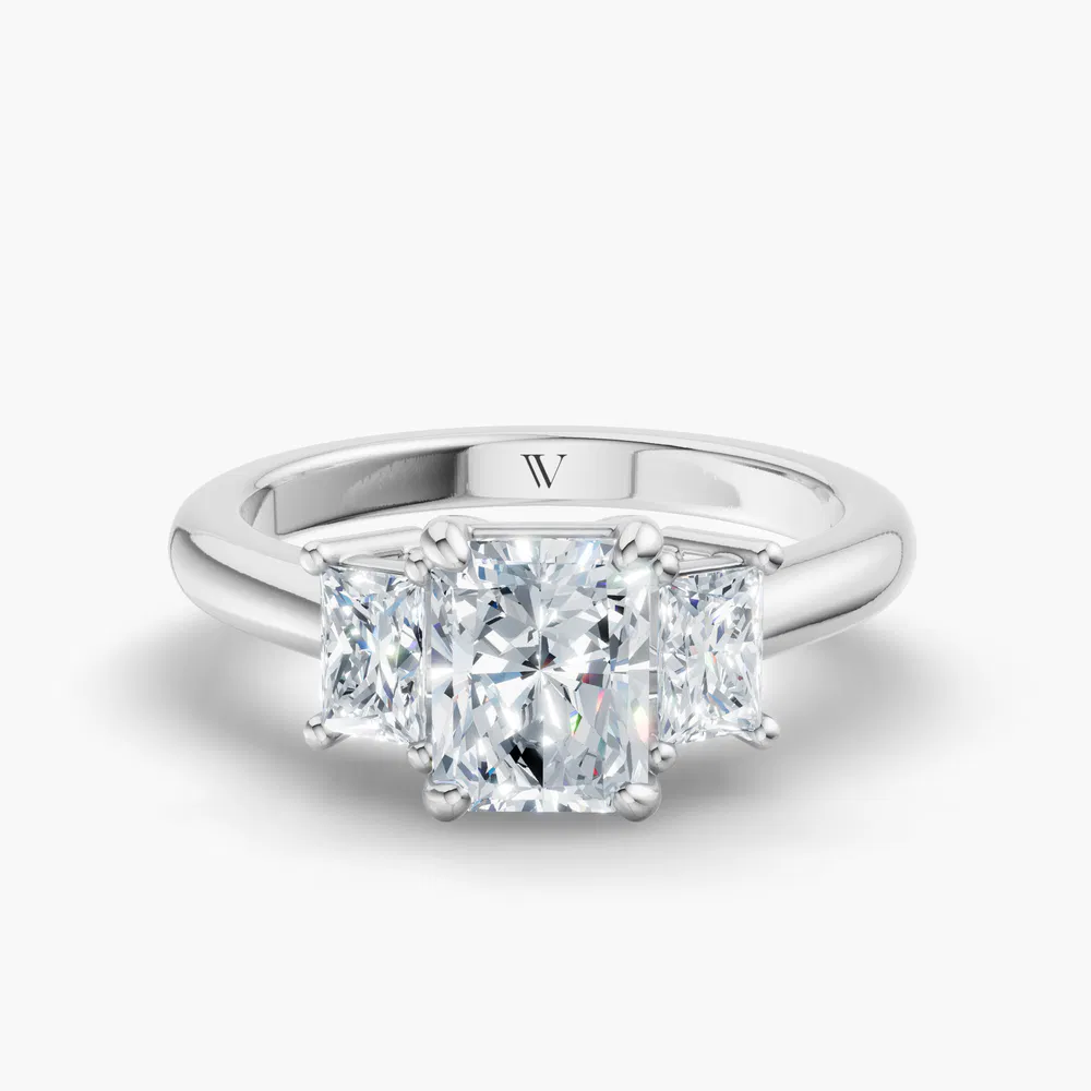 Dravon 1 carat Lab Grown Diamond Radiant Cut Three Stone, Side Stone Engagement Ring in 14K White Gold