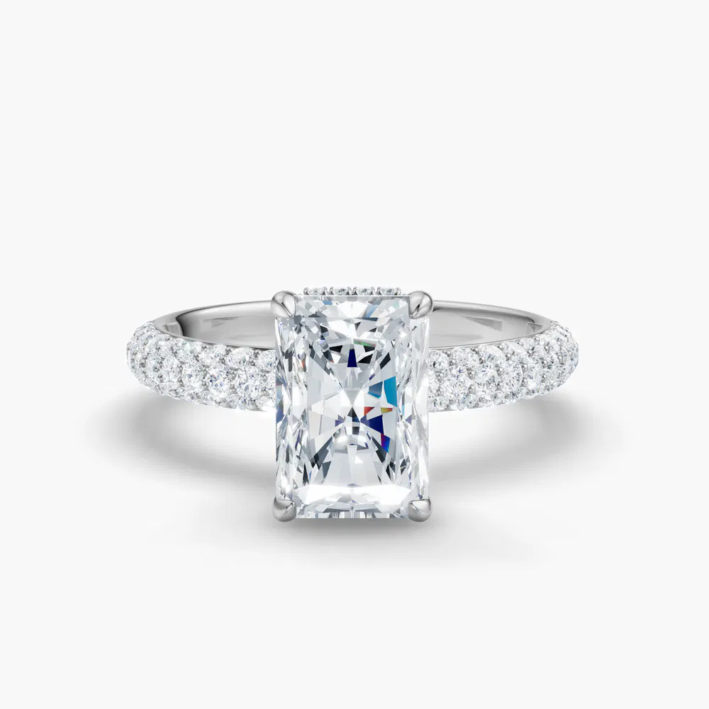 Lyre 1 carat Lab Grown Diamond Radiant Cut Pavé, Hidden Halo Engagement Ring in 14K White Gold