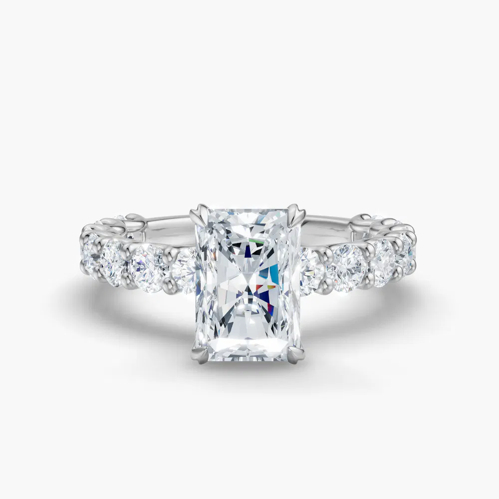 Miro 1 carat Lab Grown Diamond Radiant Cut Side Stone, Hidden Halo Engagement Ring in 14K White Gold