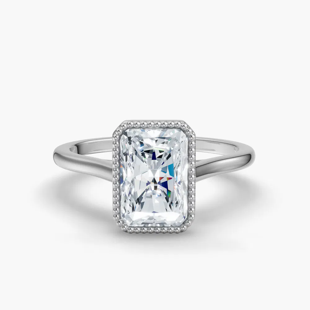 Firen 1 carat Lab Grown Diamond Radiant Cut Solitaire, Bezel, Vintage Engagement Ring in 14K White Gold