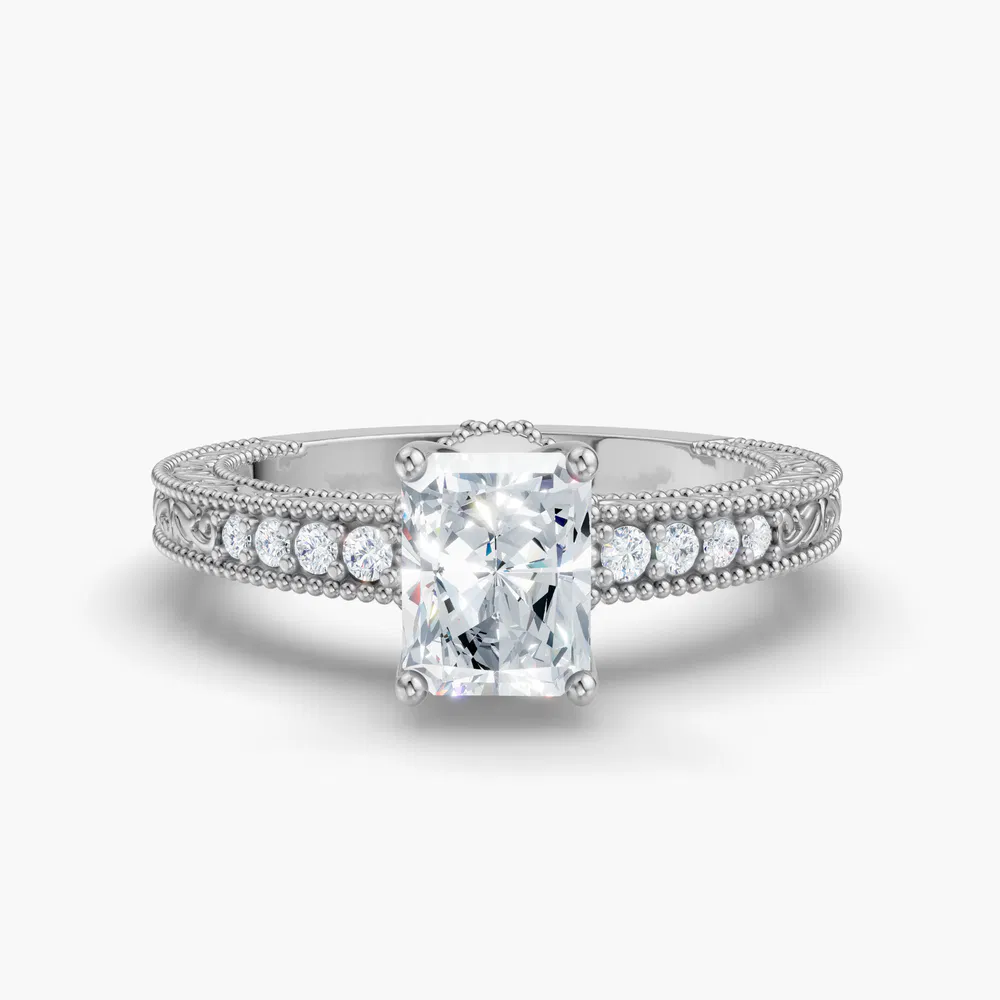 Meren 1 carat Lab Grown Diamond Radiant Cut Side Stone, Vintage, Milgrain Engagement Ring in 14K White Gold