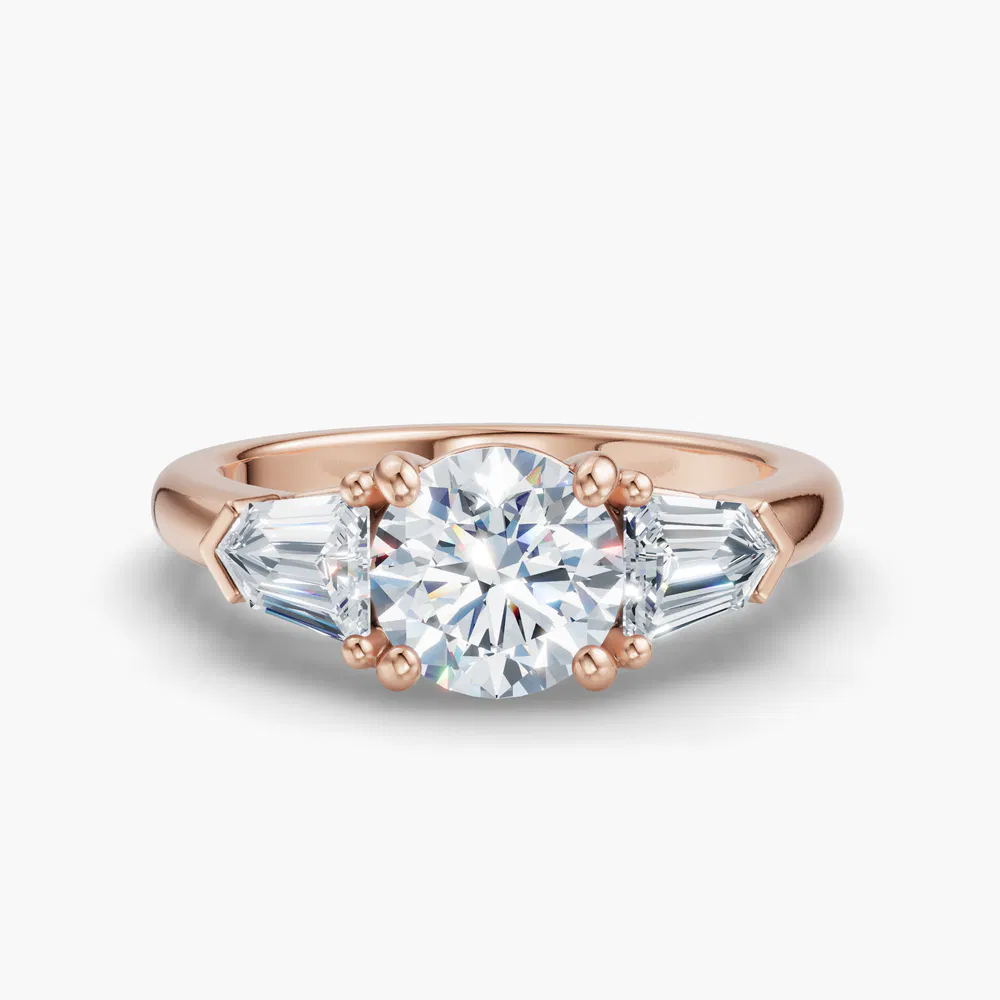 Lyris 1 carat Lab Grown Diamond Round Cut Side Stone, Three Stone Engagement Ring in 14K Rose Gold