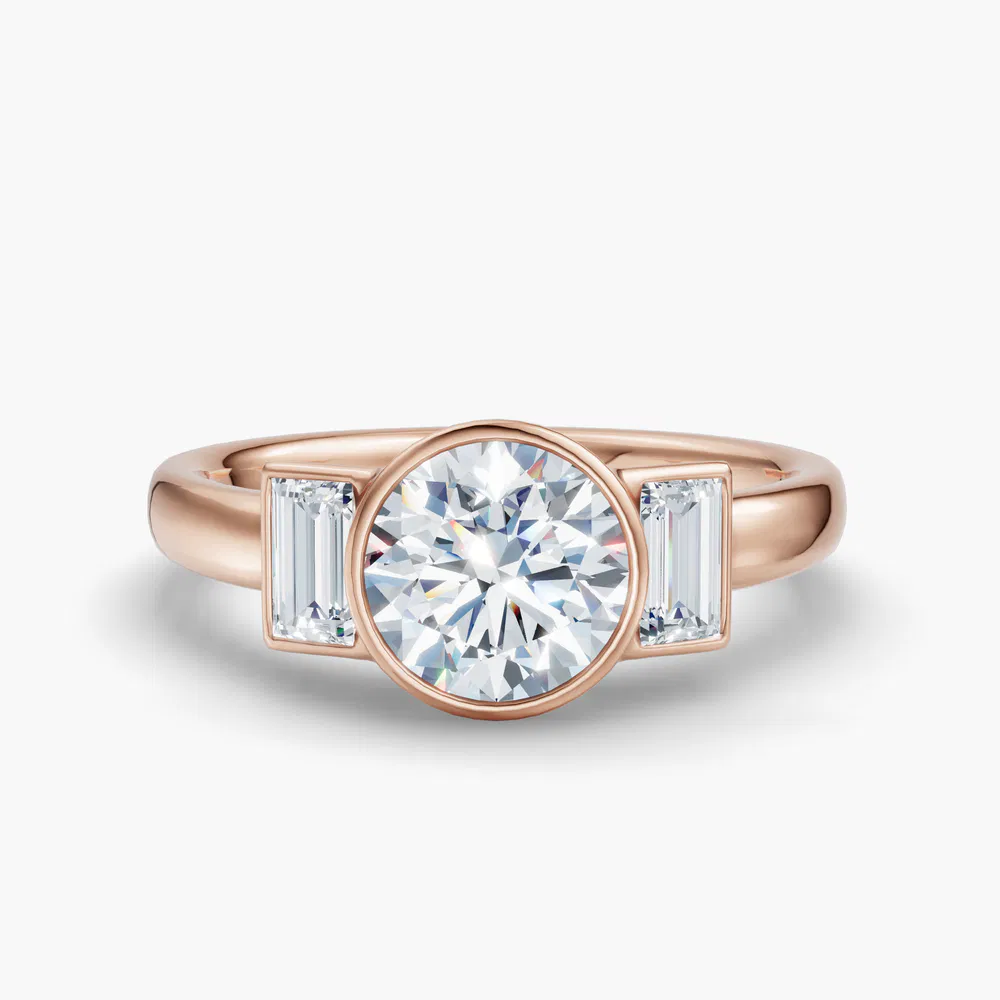 Kine 1 carat Lab Grown Diamond Round Cut Side Stone, Three Stone, Bezel Engagement Ring in 14K Rose Gold
