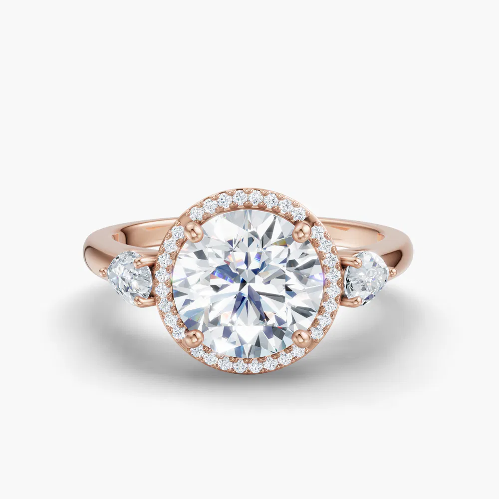 Daren 1 carat Lab Grown Diamond Round Cut Side Stone, Halo, Three Stone Engagement Ring in 18K Rose Gold