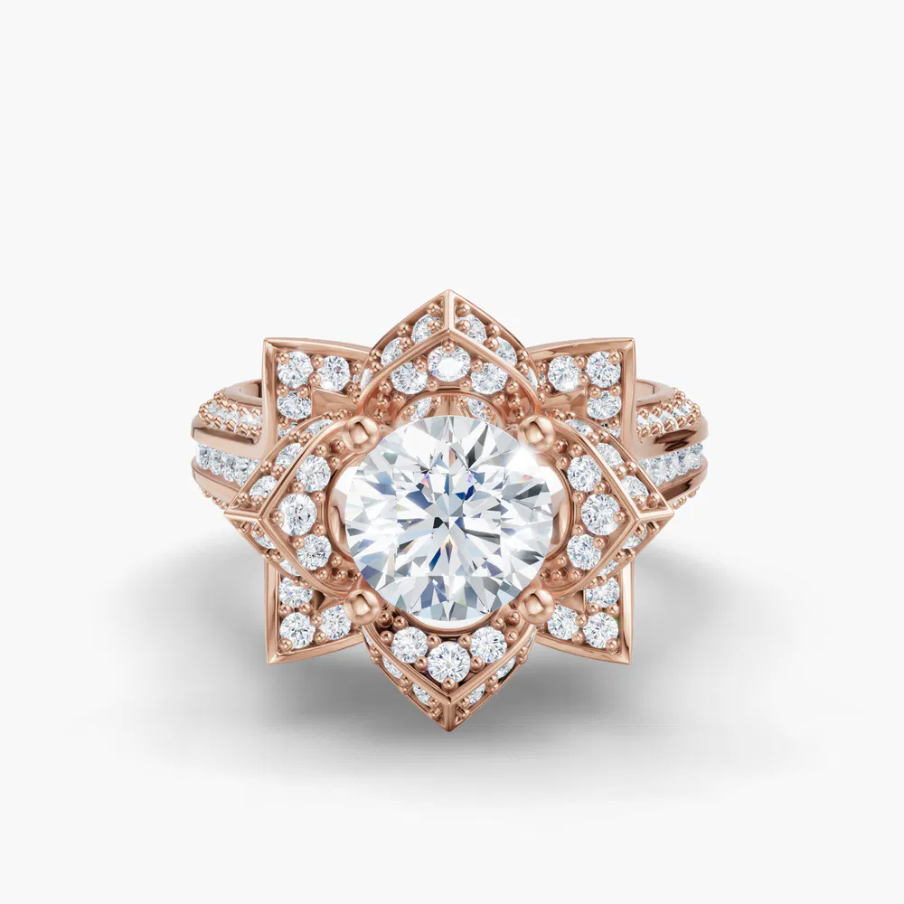 Zirix 1 carat Lab Grown Diamond Round Cut Vintage, Floral, Unique Engagement Ring in 18K Rose Gold