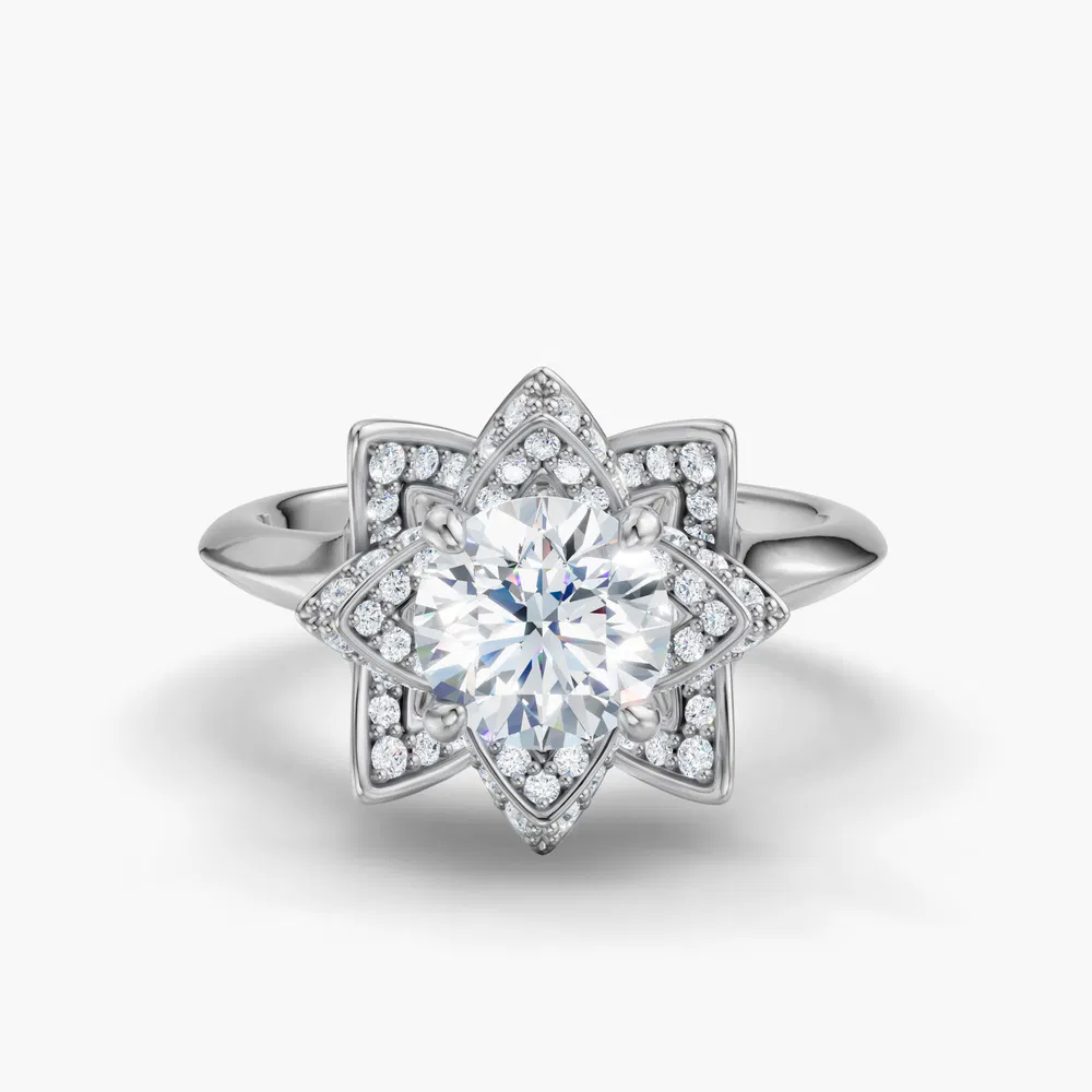 Certified 2 carat Lab Grown Diamond Round Cut Floral, Pavé, Nature inspired Engagement Ring in 14K White Gold-Marova