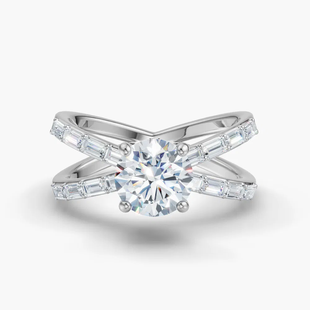 Luminara 1 carat Lab Grown Diamond Round Cut Side Stone, Baguette, Unique Engagement Ring in 14K White Gold