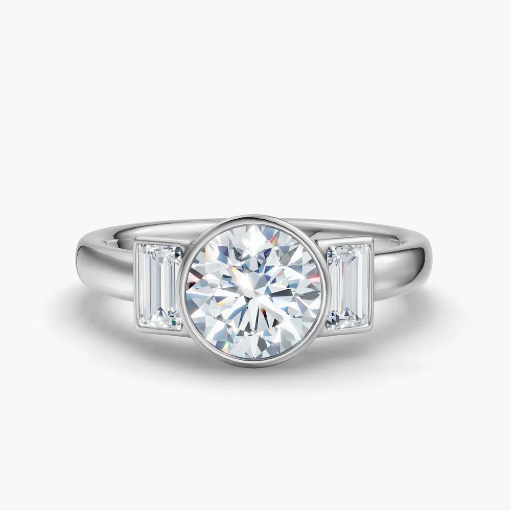 Kine 1 carat Lab Grown Diamond Round Cut Side Stone, Three Stone, Bezel Engagement Ring in 14K White Gold