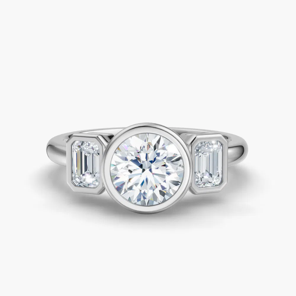 Elix 1 carat Lab Grown Diamond Round Cut Side Stone, Three Stone, Bezel Engagement Ring in 14K White Gold