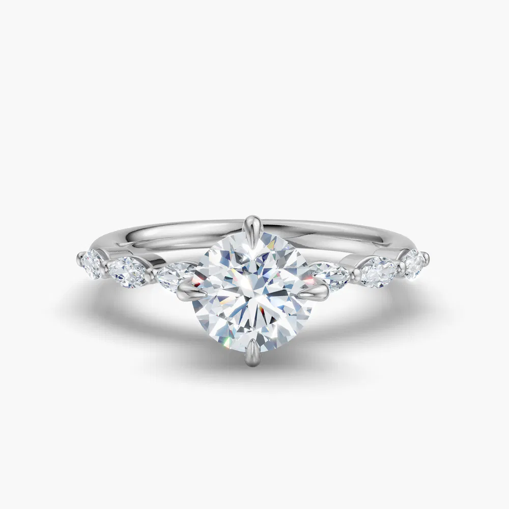 Garo 1 carat Lab Grown Diamond Round Cut Side Stone Engagement Ring in 14K White Gold