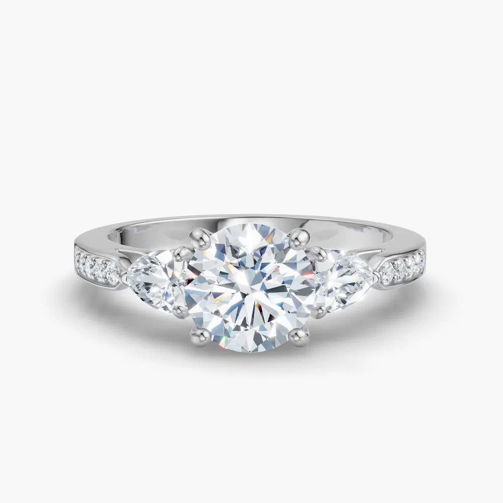 Zevd 1 carat Lab Grown Diamond Round Cut Side Stone, Three Stone, Pavé Engagement Ring in 14K White Gold