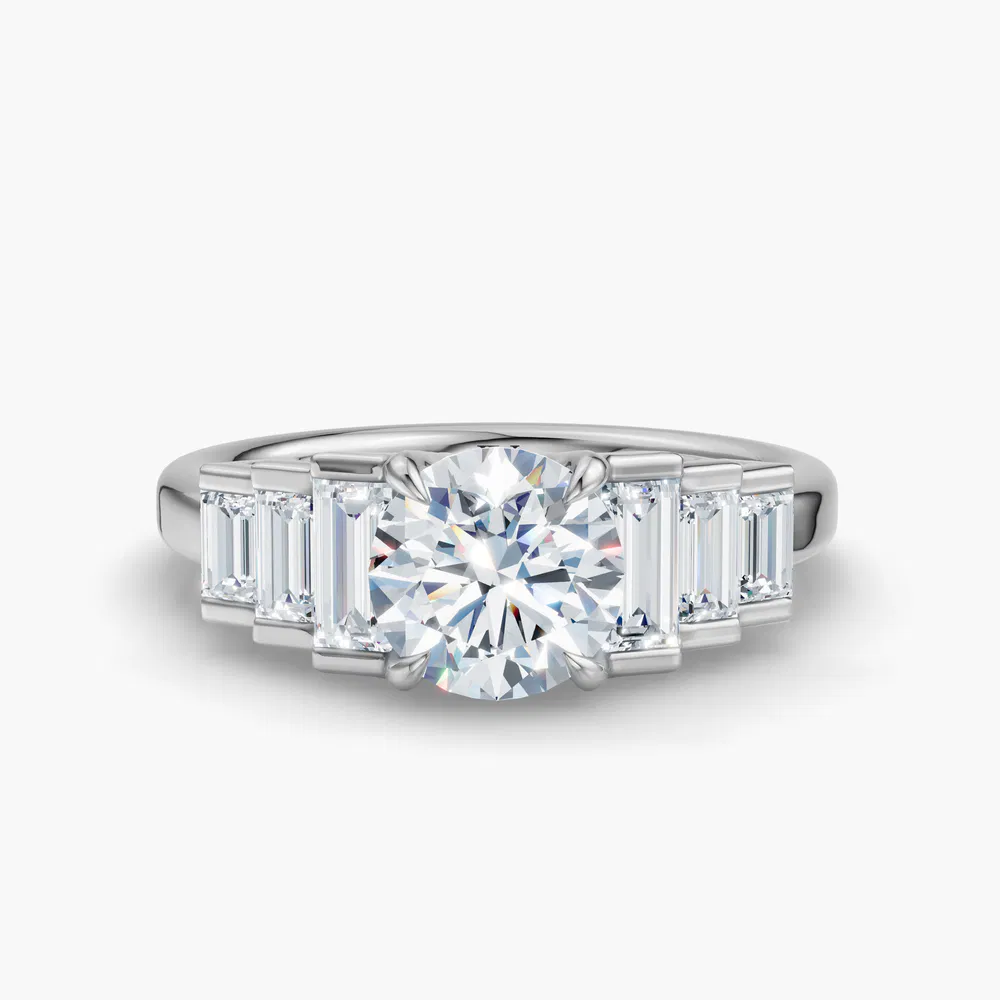 Zepy 1 carat Lab Grown Diamond Round Cut Side Stone, Baguette Engagement Ring in 14K White Gold