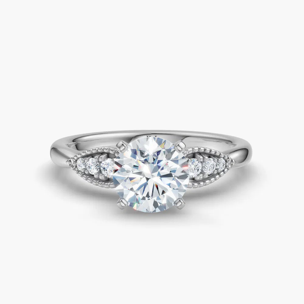 Yerlin 1 carat Lab Grown Diamond Round Cut Side Stone, Vintage, Milgrain Engagement Ring in 14K White Gold