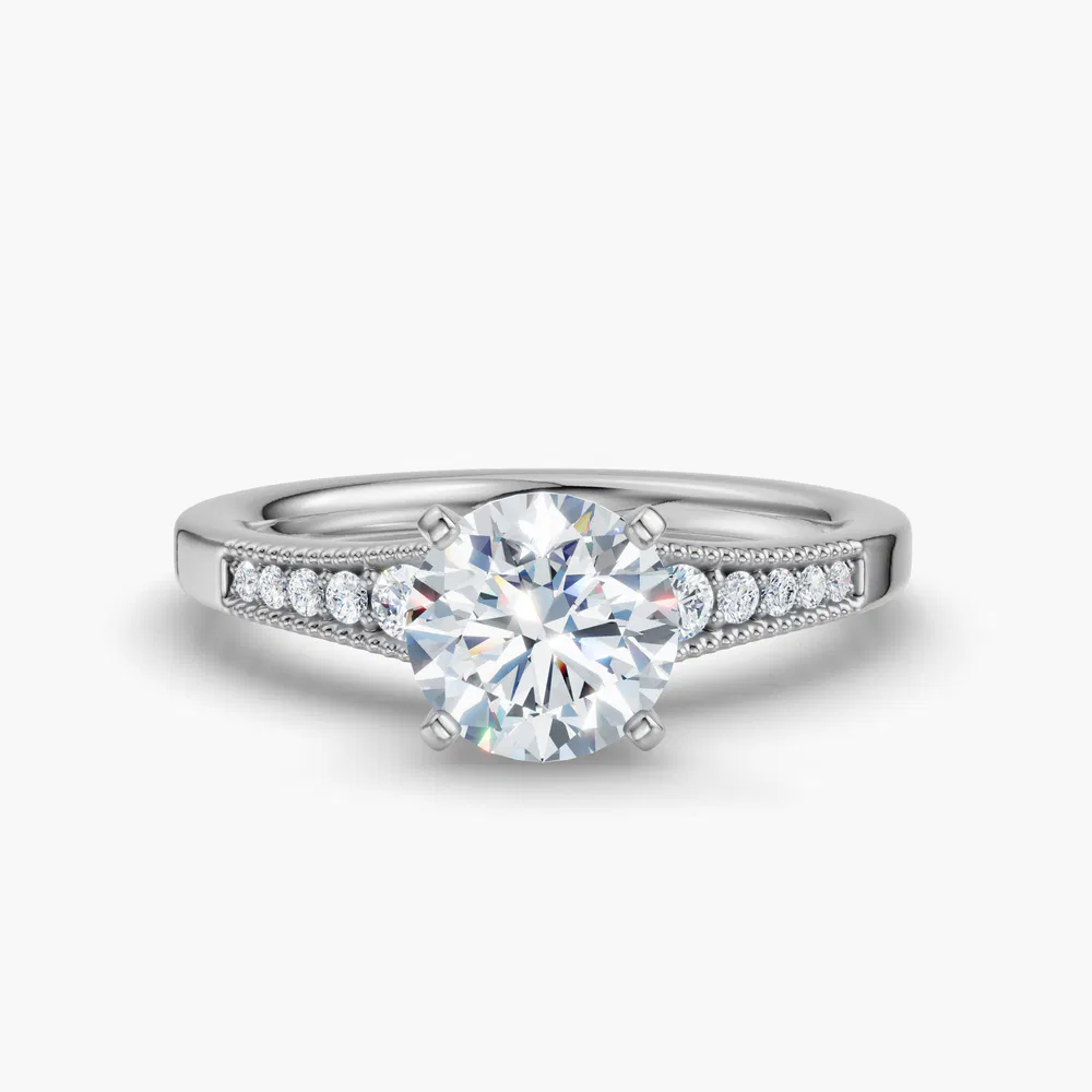 Rosca 1 carat Lab Grown Diamond Round Cut Side Stone, Milgrain, Pavé Engagement Ring in 14K White Gold