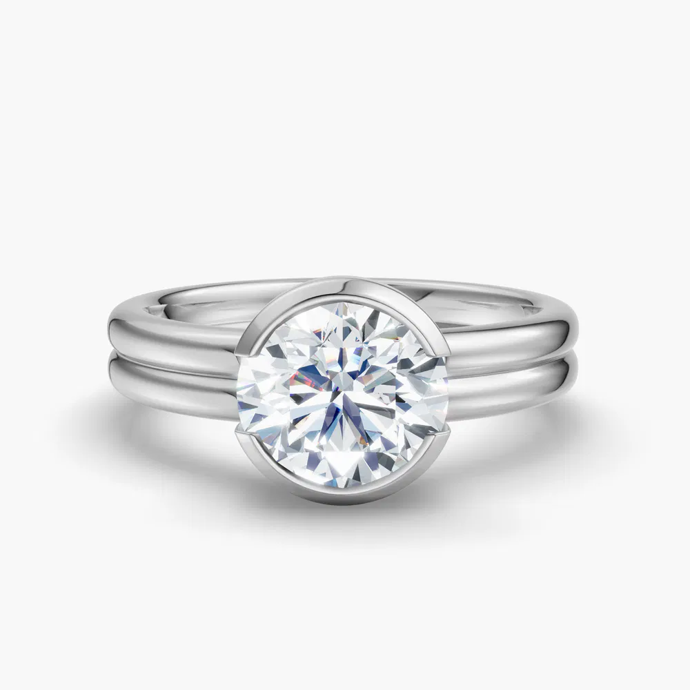 Sena 1 carat Lab Grown Diamond Round Cut Solitaire, Bezel, Modern Engagement Ring in 14K White Gold