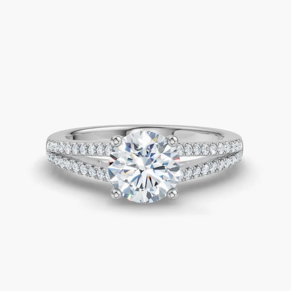 Lumy 1 carat Lab Grown Diamond Round Cut Split Shank, Pavé, Cathedral Engagement Ring in 14K White Gold