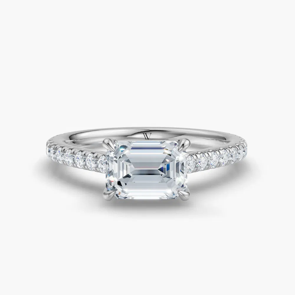 Uma 1 carat Lab Grown Diamond Emerald Cut Pavé, Cathedral, East-West Engagement Ring in 14K White Gold