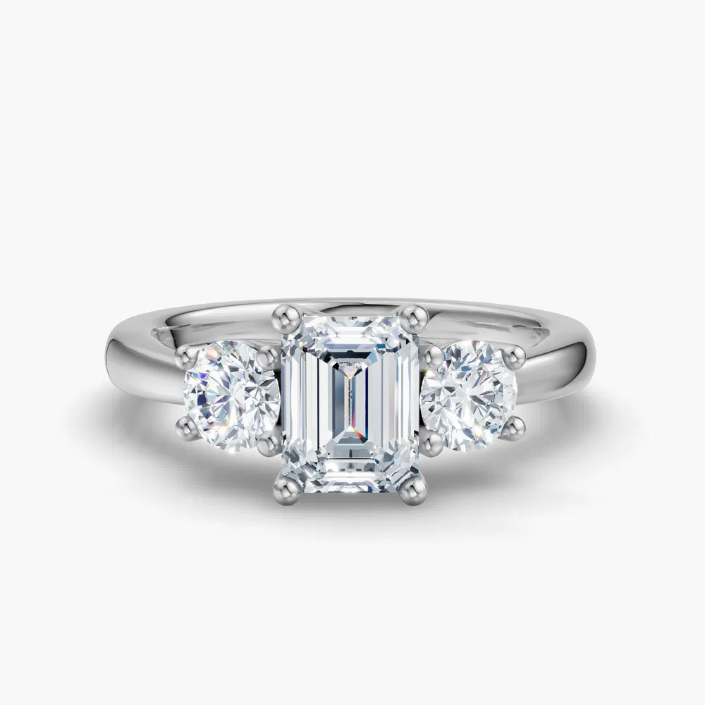 Certified 1 carat Lab Grown Diamond Emerald Cut Three Stone, Side Stone, Low profile Engagement Ring in 14K White Gold-Valeri