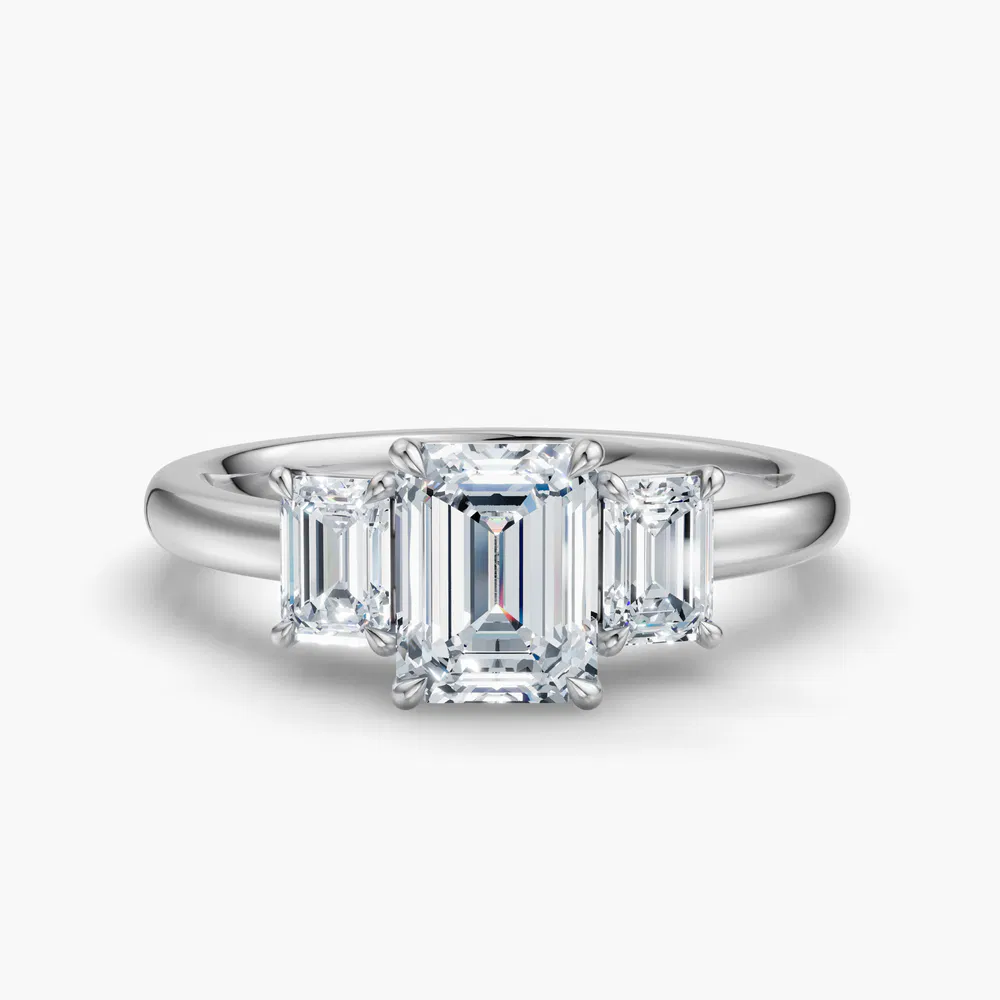 Certified 1 carat Lab Grown Diamond Emerald Cut Three Stone, Side Stone, Low profile Engagement Ring in 14K White Gold-Nectarl