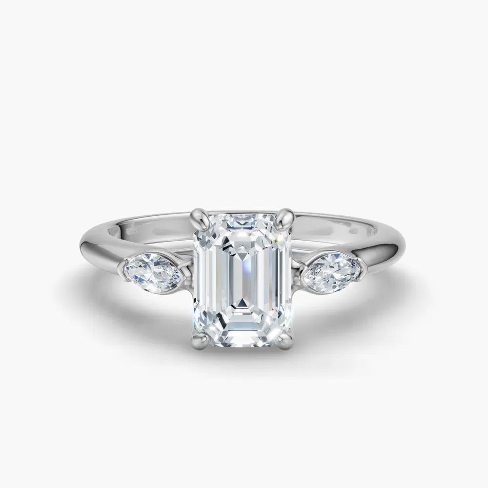 Certified 1 carat Lab Grown Diamond Emerald Cut Three Stone, Side Stone Engagement Ring in 14K White Gold-Glow
