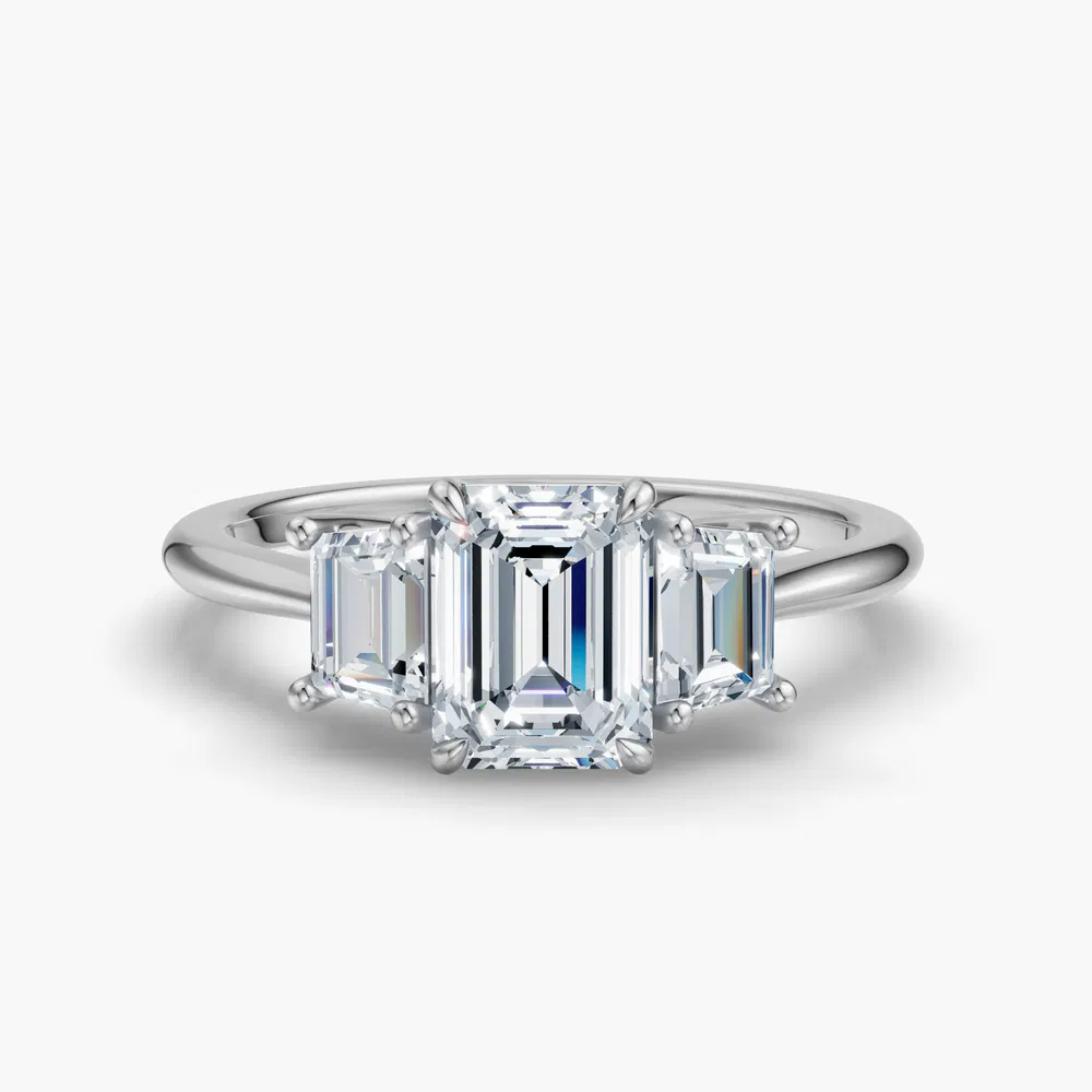 Certified 1 carat Lab Grown Diamond Emerald Cut Three Stone, Side Stone, Low profile Engagement Ring in 14K White Gold-Cygnus