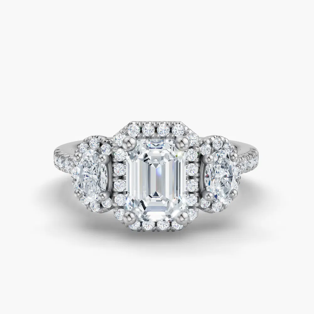 Certified 1 carat Lab Grown Diamond Emerald Cut Pavé, Three Stone, Halo Engagement Ring in 14K White Gold-Norell