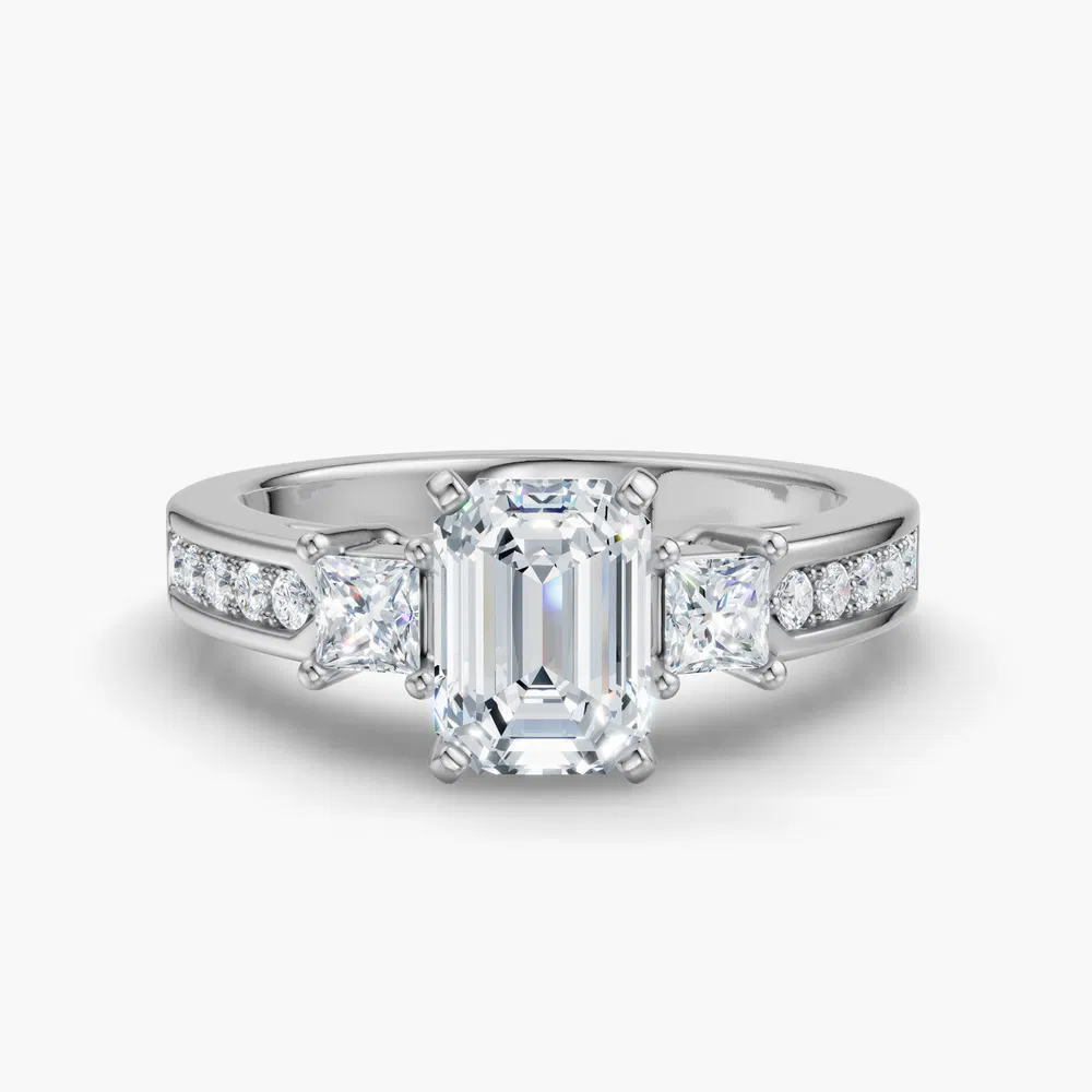 Certified 1 carat Lab Grown Diamond Emerald Cut Three Stone, Pavé, Channel Set Engagement Ring in 14K White Gold-Velis