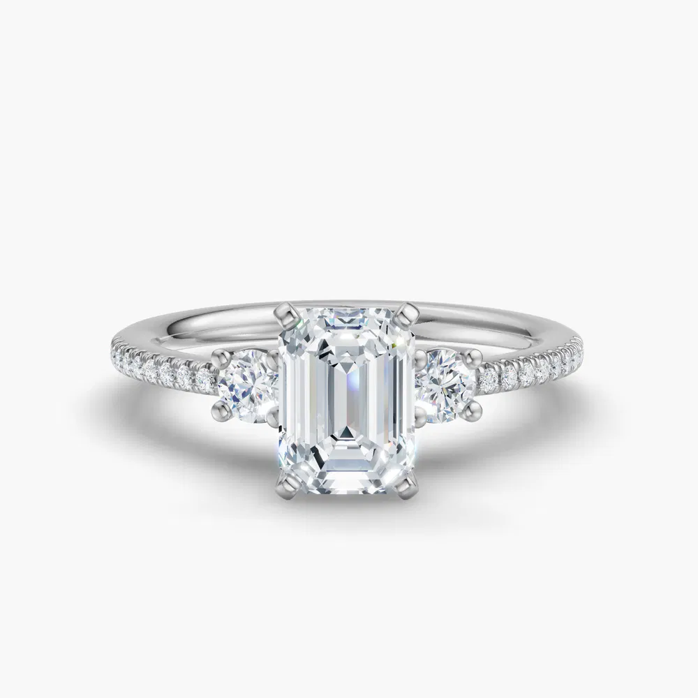 Certified 1 carat Lab Grown Diamond Emerald Cut Three Stone, Pavé, Side Stone Engagement Ring in 14K White Gold-Vynix
