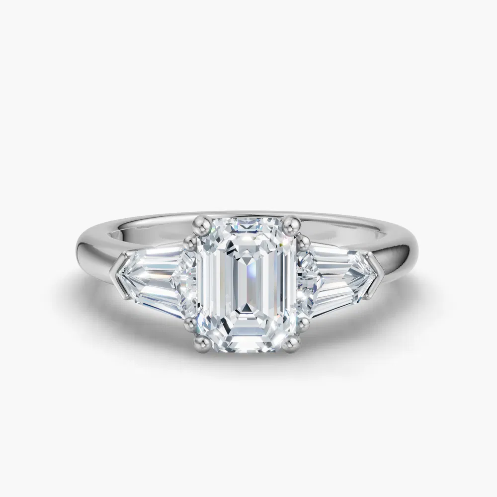 Certified 1 carat Lab Grown Diamond Emerald Cut Three Stone, Side Stone Engagement Ring in 14K White Gold-Lyris