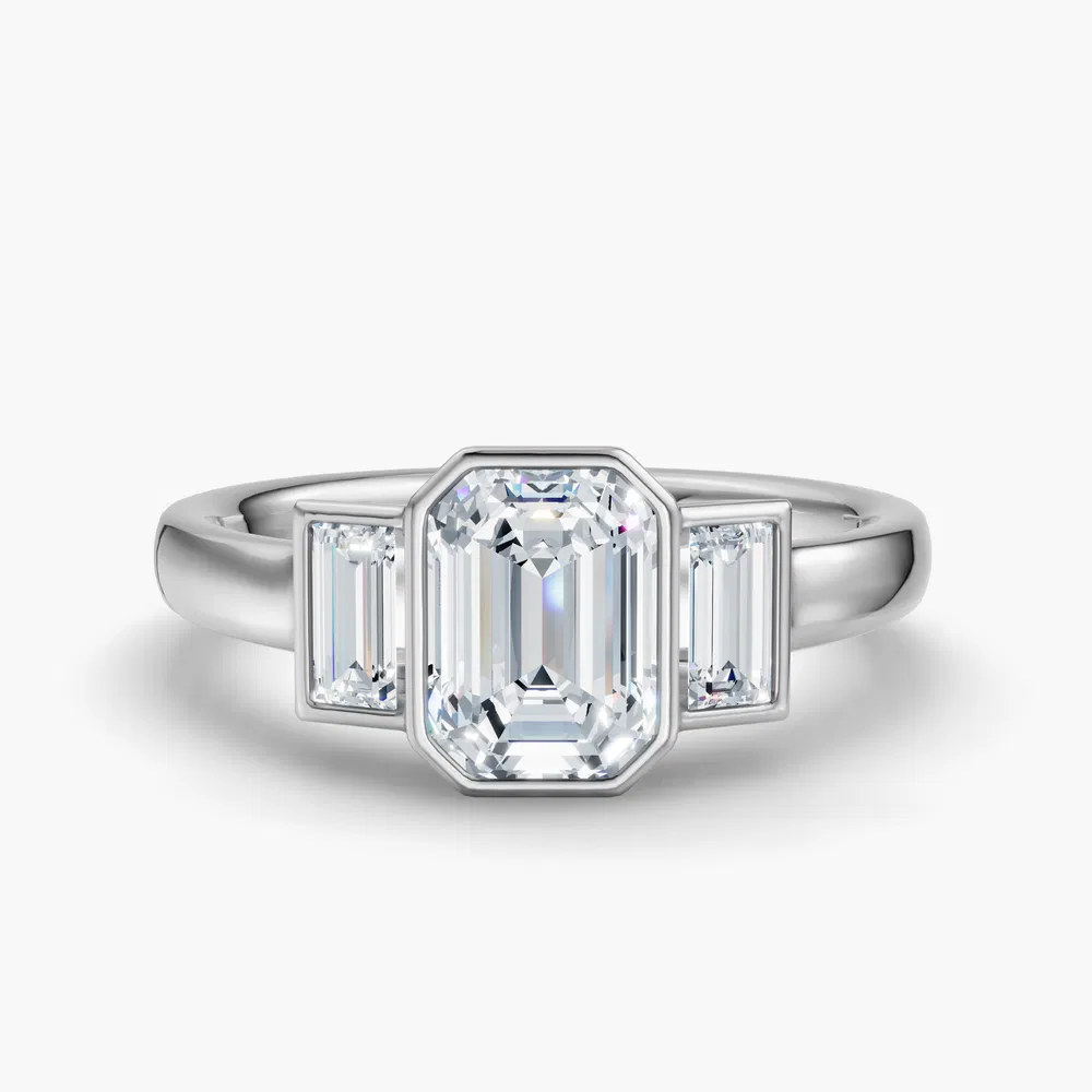Certified 1 carat Lab Grown Diamond Emerald Cut Three Stone, Bezel, Baguette Engagement Ring in 14K White Gold-Kine
