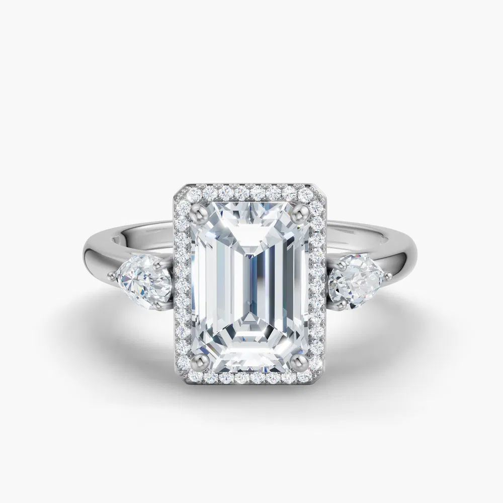 Certified 1 carat Lab Grown Diamond Emerald Cut Halo, Cathedral, Three Stone Engagement Ring in 14K White Gold-Daren