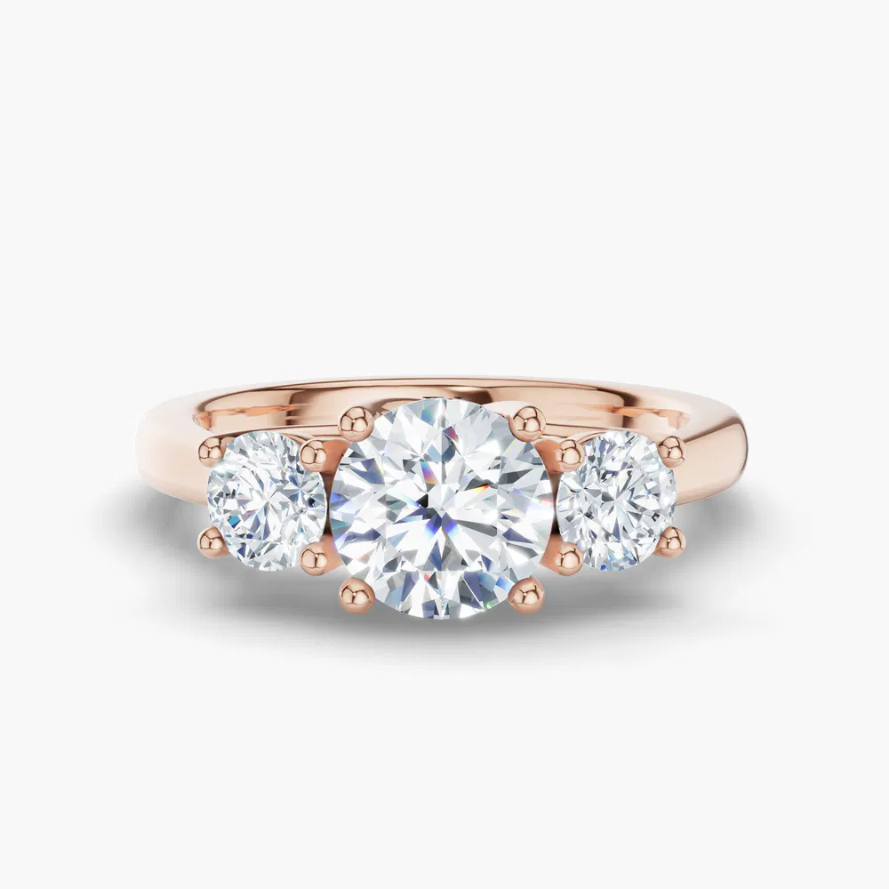 Certified 1 carat Lab Grown Diamond Round Cut Three Stone, Side Stone, Four Prong Engagement Ring in 14K Rose Gold-Valeri