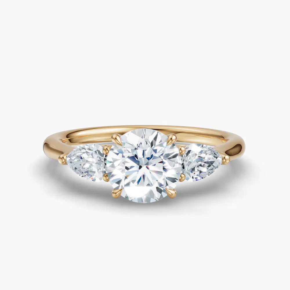 Certified 1 carat Lab Grown Diamond Round Cut Three Stone, Side Stone, Four Prong Engagement Ring in 18K Yellow Gold-Hailu