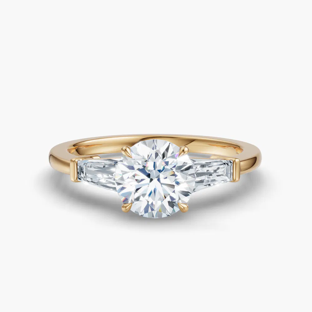 Certified 1 carat Lab Grown Diamond Round Cut Three Stone, Baguette, Cathedral Engagement Ring in 14K Yellow Gold-Glyss