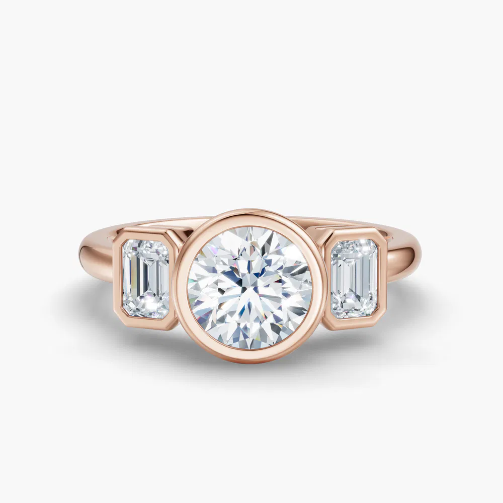 Certified 1 carat Lab Grown Diamond Round Cut Three Stone, Bezel, Low profile Engagement Ring in 18K Rose Gold-Elix