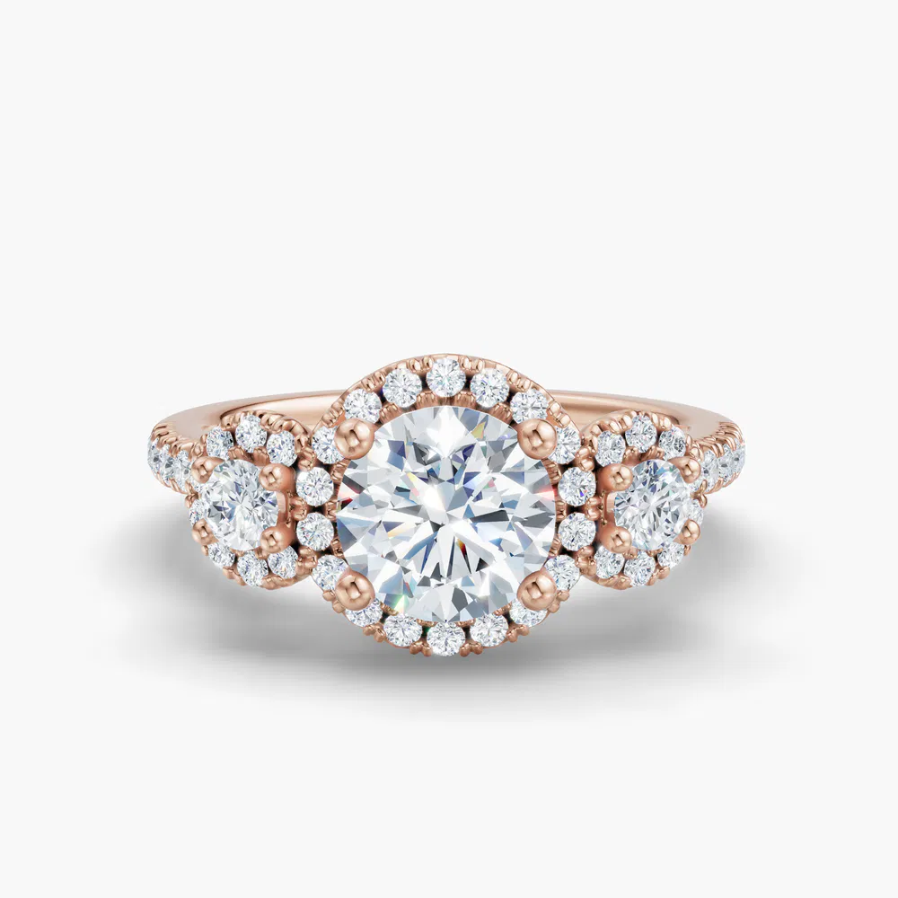 Certified 1 carat Lab Grown Diamond Round Cut Three Stone, Halo, Hidden Halo Engagement Ring in 14K Rose Gold-Hylor