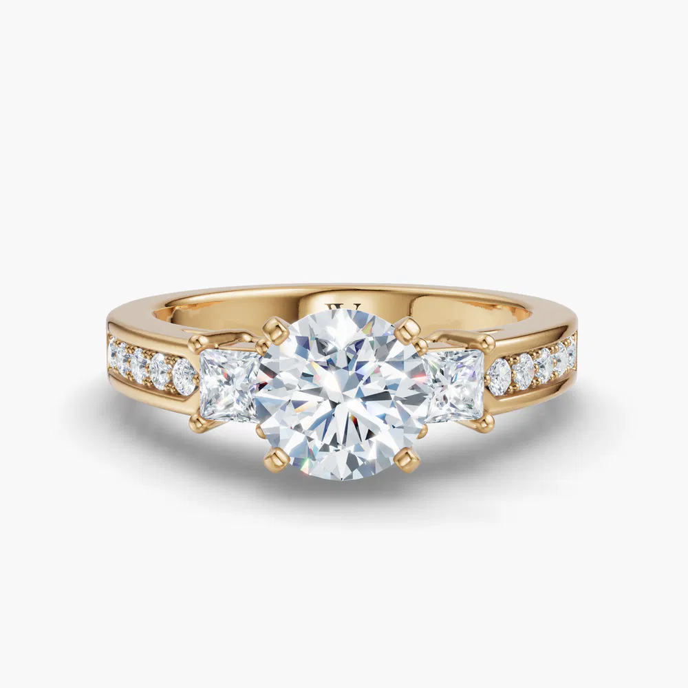 Certified 1 carat Lab Grown Diamond Round Cut Three Stone, Pavé, Channel Set Engagement Ring in 14K Yellow Gold-Velis