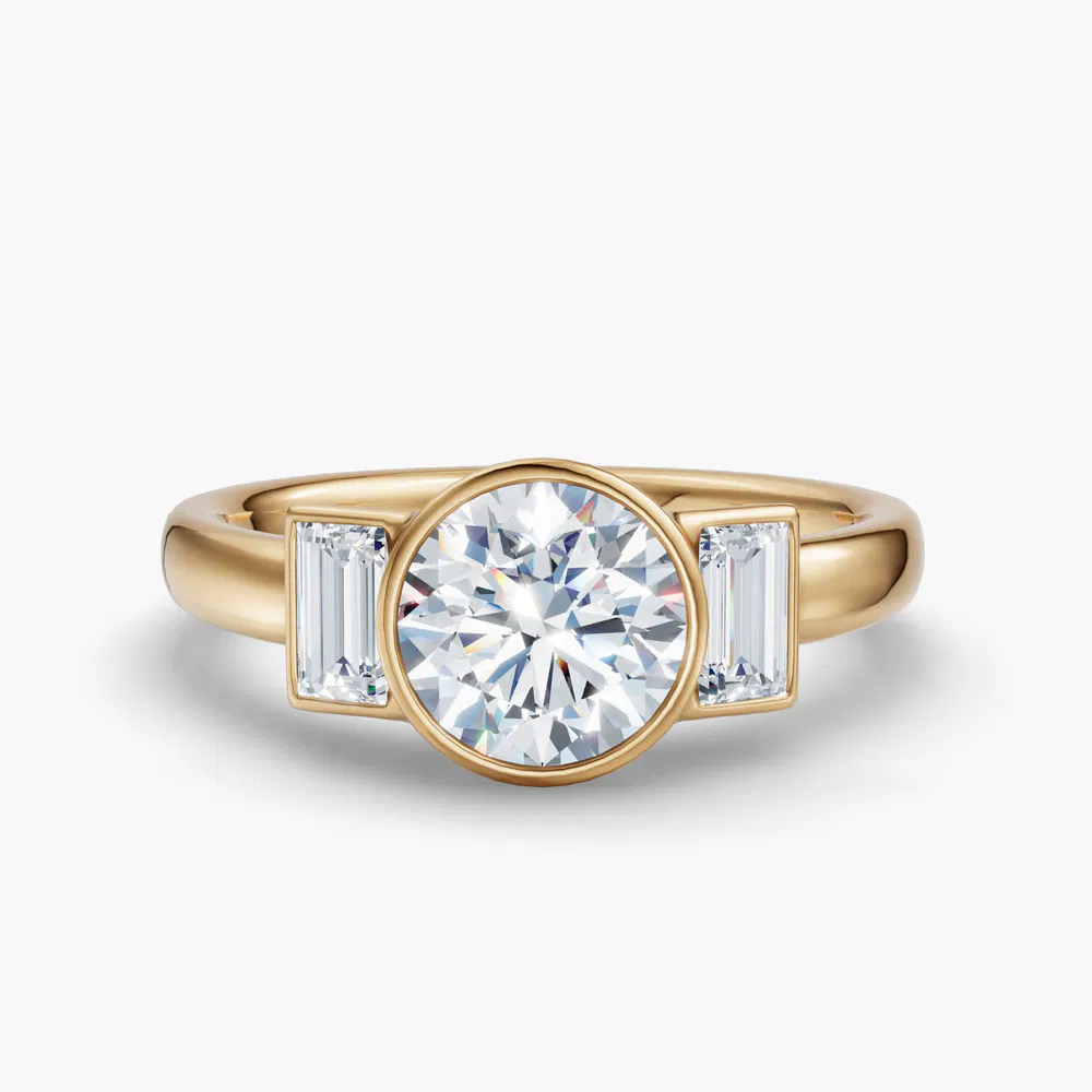 Certified 1 carat Lab Grown Diamond Round Cut Three Stone, Bezel, Baguette Engagement Ring in 18K Yellow Gold-Kine