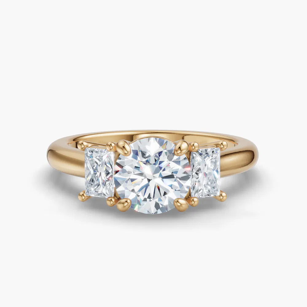 Certified 1 carat Lab Grown Diamond Round Cut Three Stone, Four Prong, Side Stone Engagement Ring in 18K Yellow Gold-Dravon